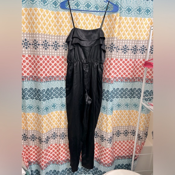 Vintage Pants - Vintage Black Satin Ruffle Jumpsuit